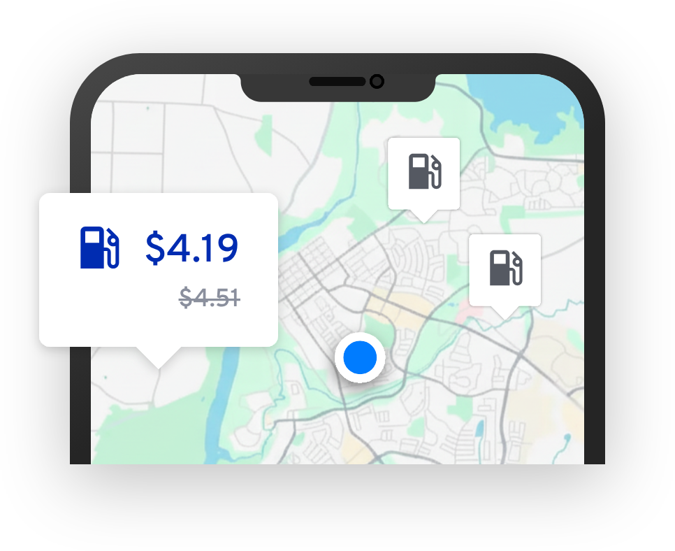 FuelApp map screen showing discounted stations